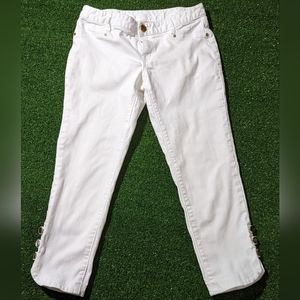 Cache white round hem ankle jeans gold buttons at ankles